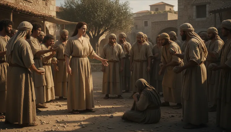Illustration of let him who is without sin cast the first stone: Only the innocent may judge others.