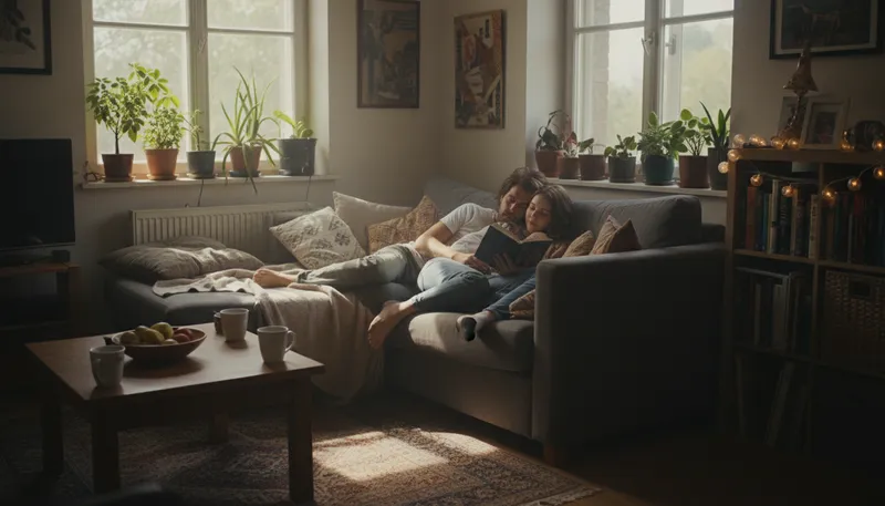 Illustration of shacked up: Living together in a romantic relationship.