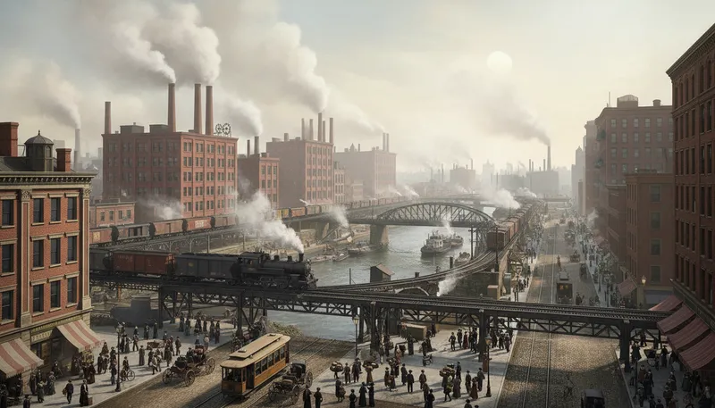 Illustration of industrialization: The process of developing industries in a region.