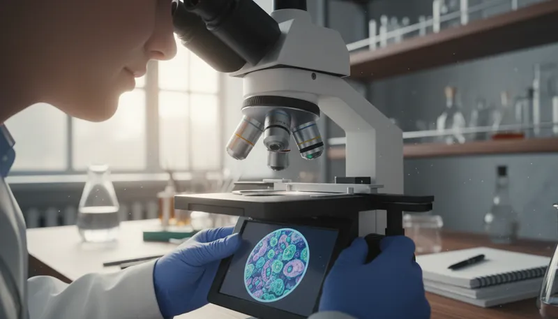 Illustration of microscopy: The use of a microscope to study small objects.