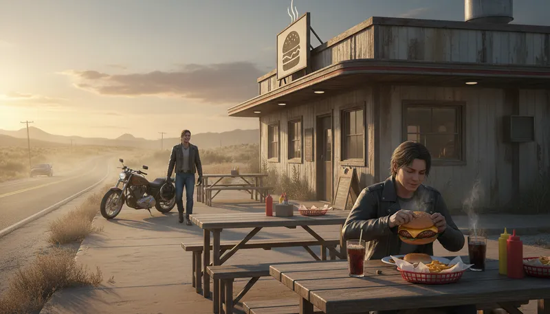 Illustration of roadhouse: A restaurant or bar near a road.