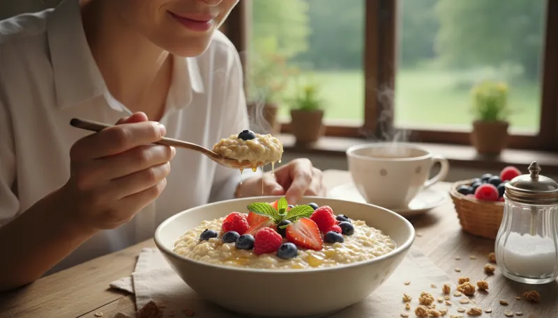 Illustration of oatmeal: A warm breakfast food made from oats.