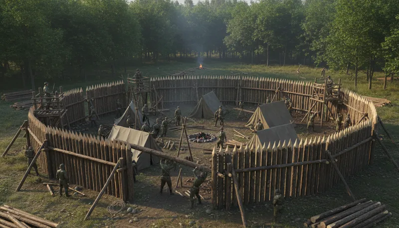 Illustration of stockade: A barrier made of strong posts.