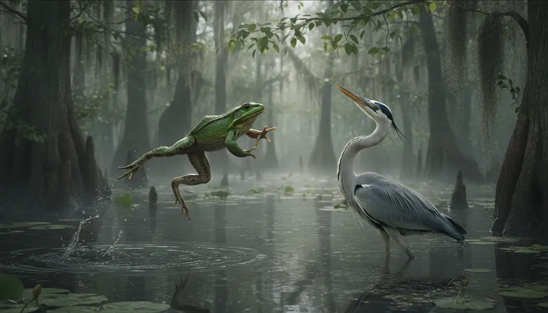 Illustration of swamp: wet, spongy land with many plants and animals.