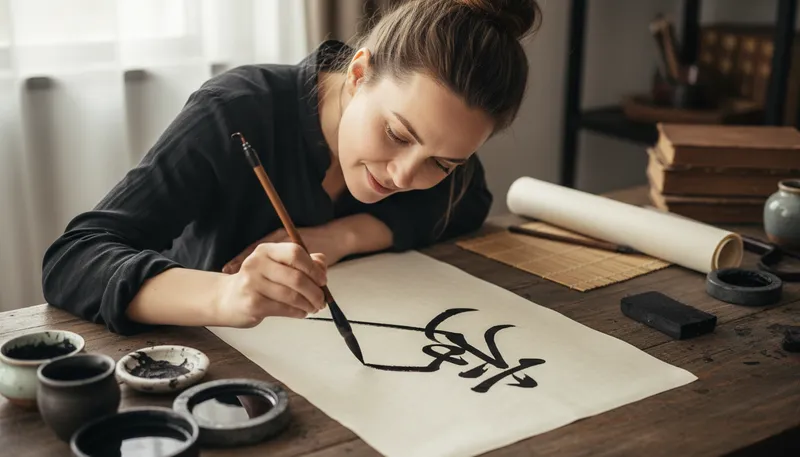 Illustration of calligraphy: Artistic handwriting using special tools.
