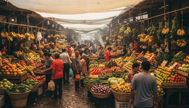 Illustration of mercado: Spanish for market or marketplace.