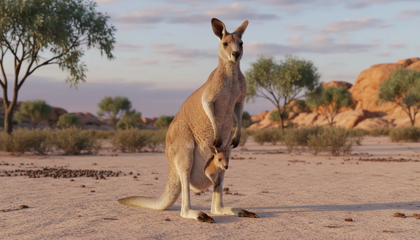 Illustration of marsupial: A mammal whose mother carries its young in a pouch on her body.