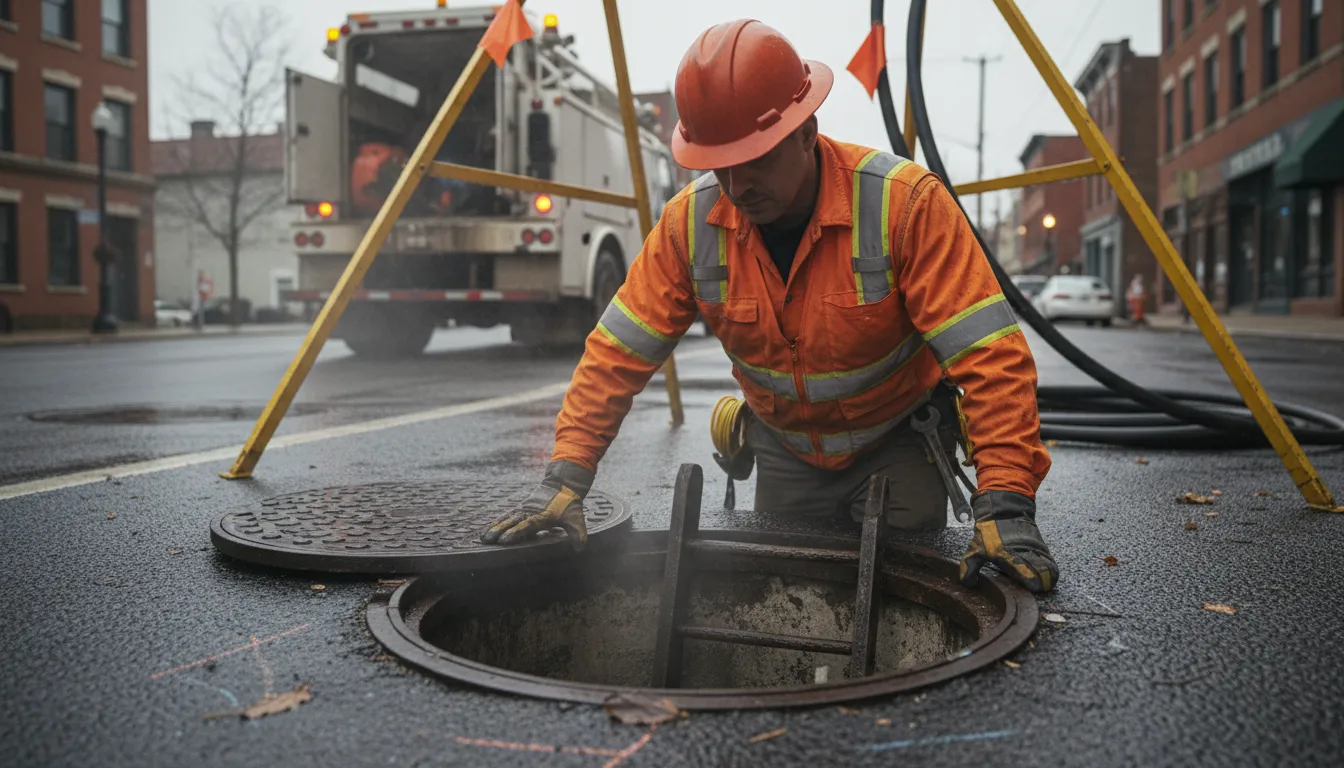 manhole 的插圖：A covered hole in a street for accessing underground pipes.