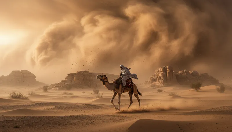 Illustration of sandstorm: A strong wind carrying sand through the air.