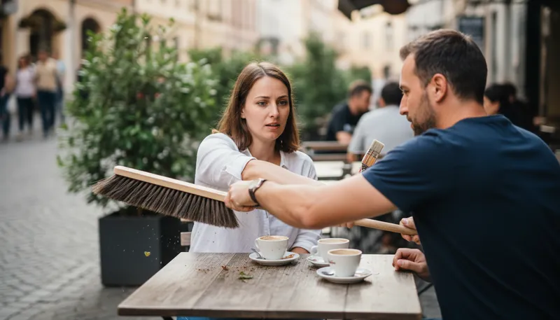 Illustration of give someone the brush-off: Dismiss someone in a rude manner.