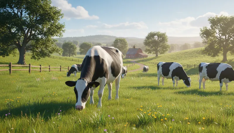Illustration of pasture: Land covered with grass for grazing animals.