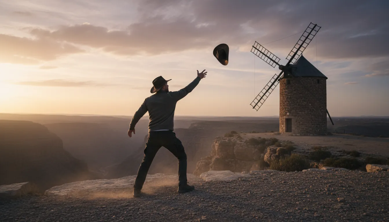 “throw one's hat over the windmill” kelimesinin çizimi: Embrace a risky challenge.
