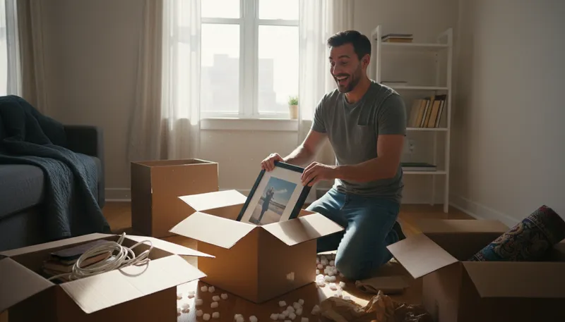 Illustration of unpack: To remove items from a container.