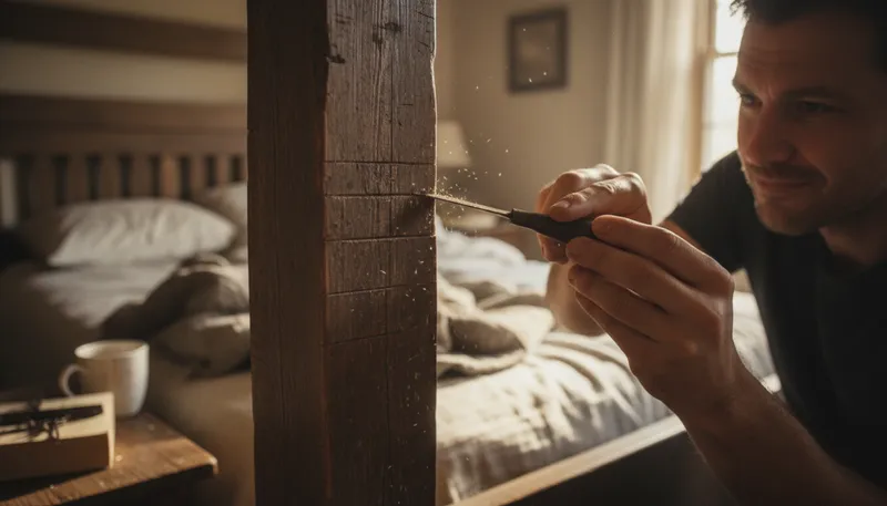 Illustration of notch on one's bedpost: A mark for a romantic conquest.