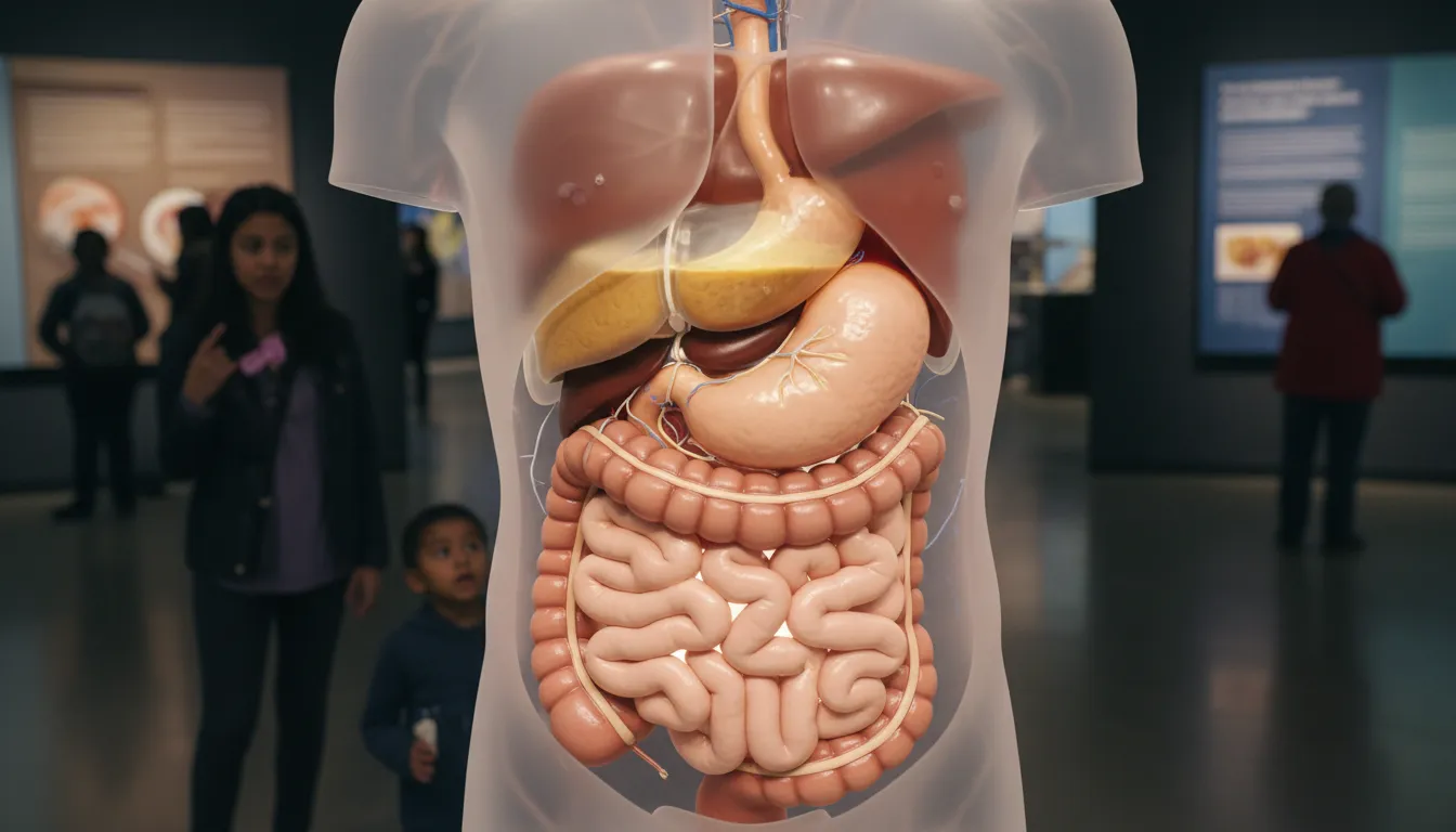 Illustration of digestive system: The organs that break down food so the body can use it.