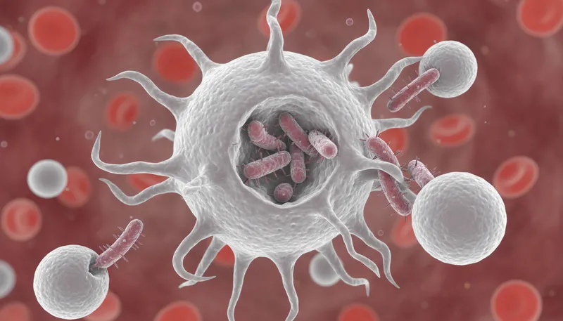 Illustration of macrophages: Cells that engulf and digest harmful pathogens.