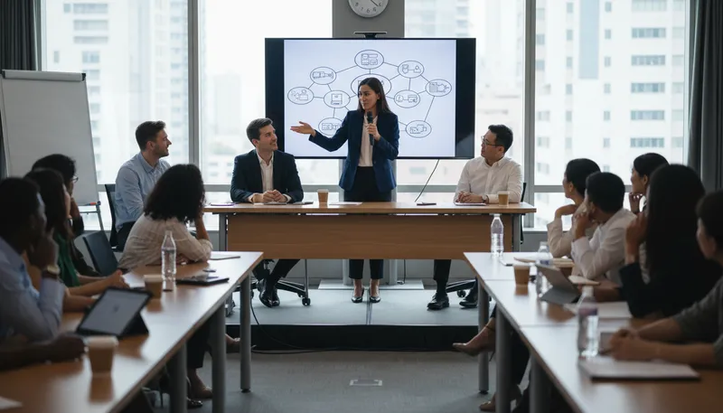 Illustration of moderator: A person who leads or guides a discussion.