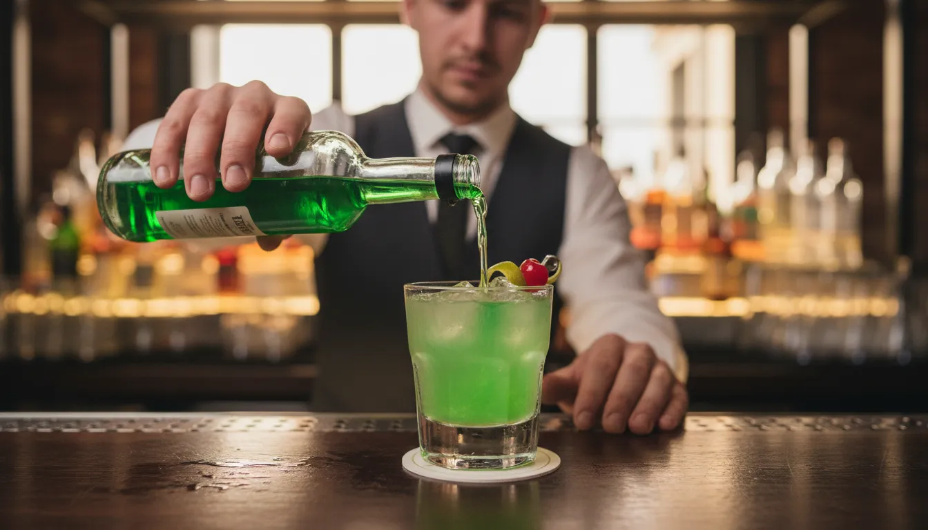 midoriのイラスト：A sweet, bright green liqueur flavored with melon.