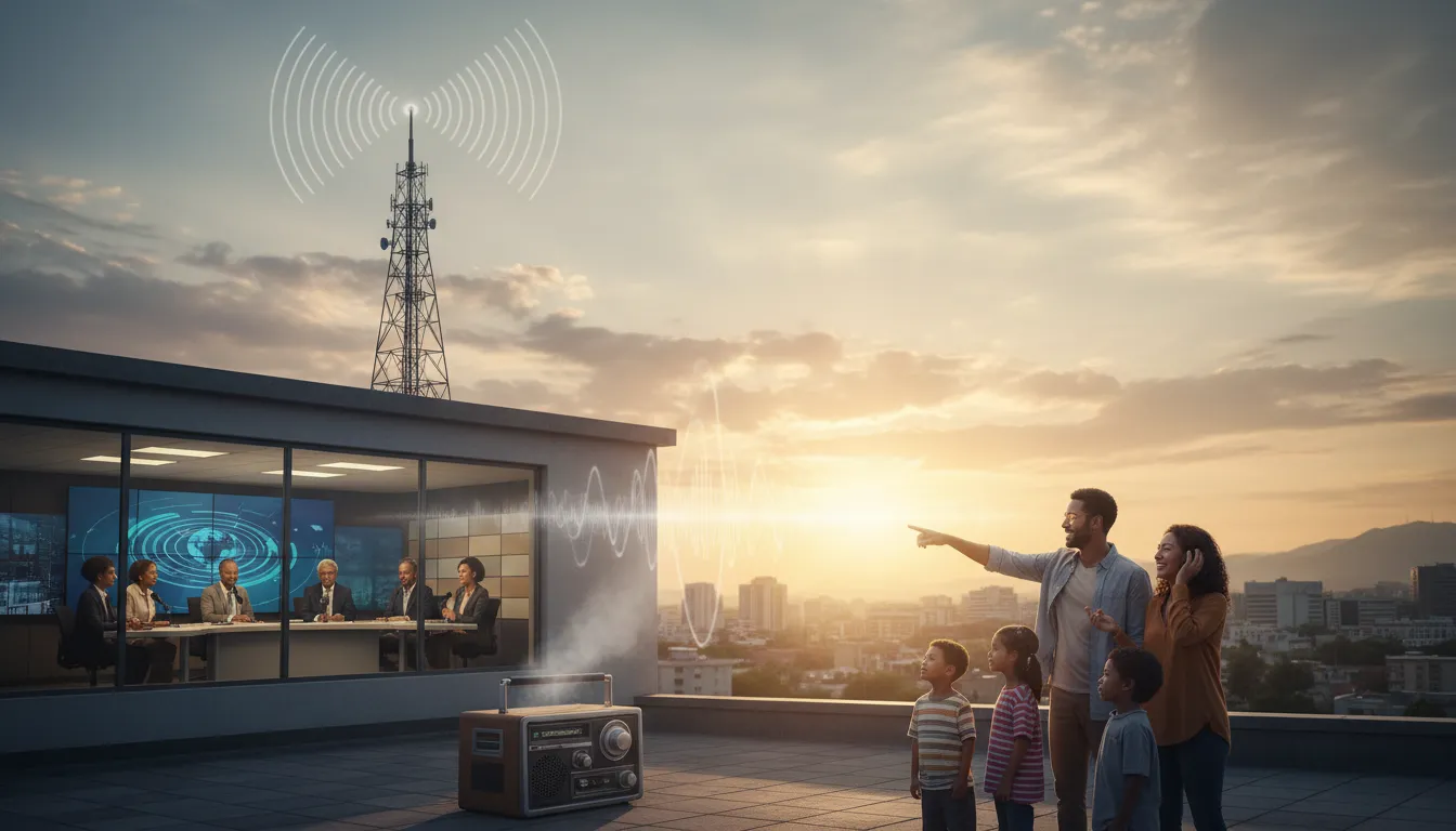 airwaves 的插圖：Radio frequencies used for broadcasting.