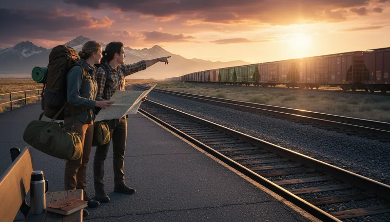 Illustration of ride the rails: To travel by train, often freely.