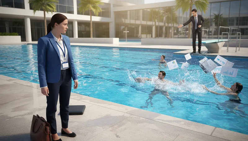 Illustration of throw in at the deep end: put someone into a difficult situation