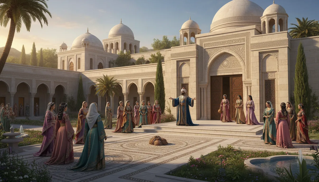 Illustrazione di harem: A domestic space for multiple wives or concubines.