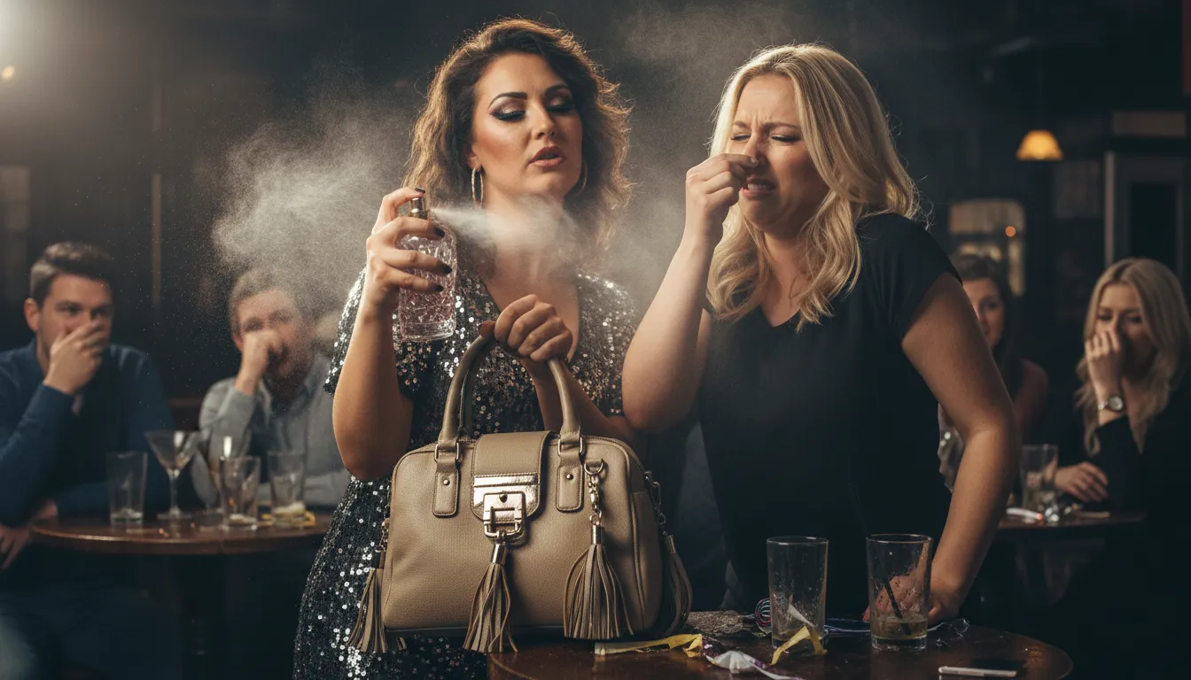 smell like a tart's handbag 일러스트: to smell strongly of cheap perfume
