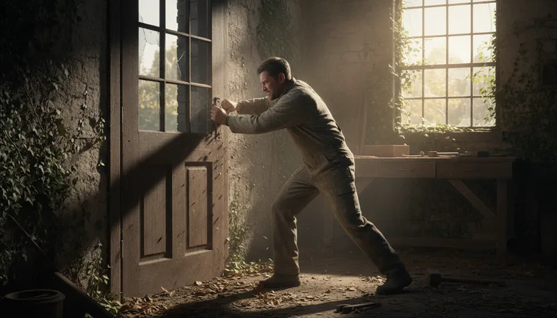 Illustration of bang down the door: forcefully knock on or break open a door.