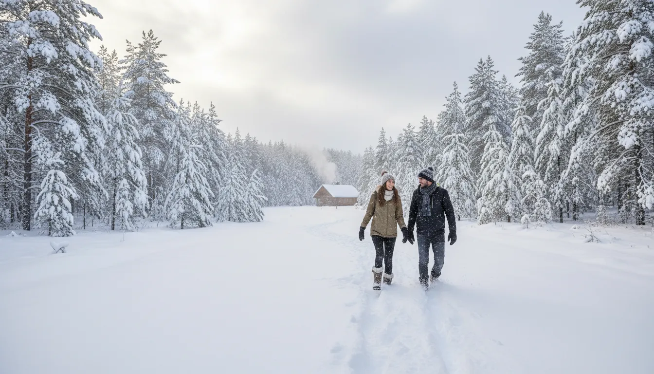 walk in the snow 的插圖：to stroll on a snowy surface