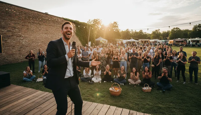 Illustration of emcee: A person who hosts an event or show.