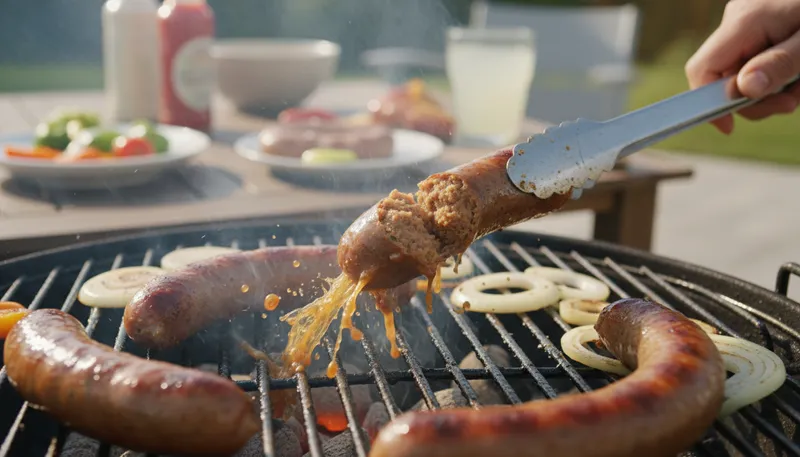 Illustration of sausage: A meat product made by filling casings.