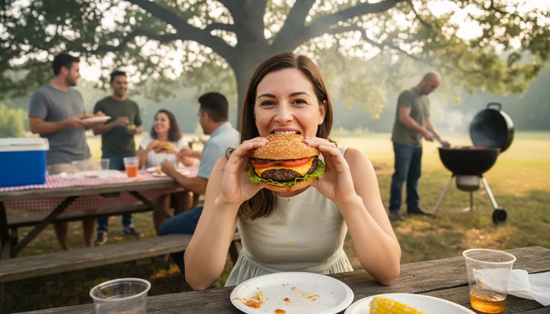 Illustration of hamburger: a cooked patty of ground meat in a bun