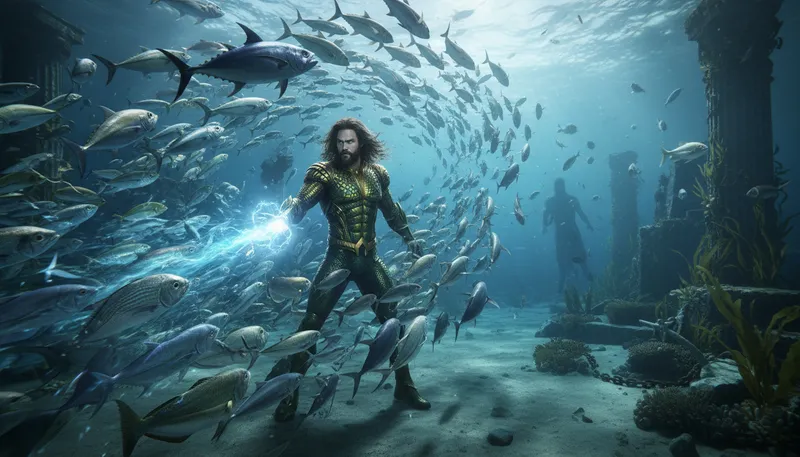 Illustration of aquaman: A superhero who controls water and marine life.