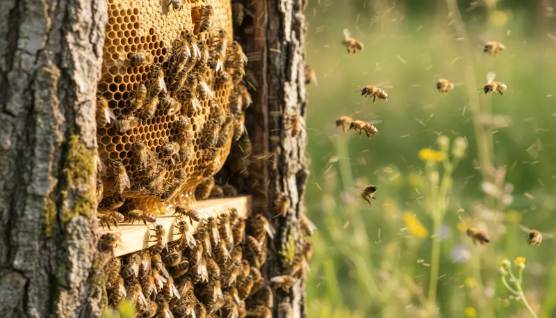 Illustration of beehive: A structure where bees live and produce honey.