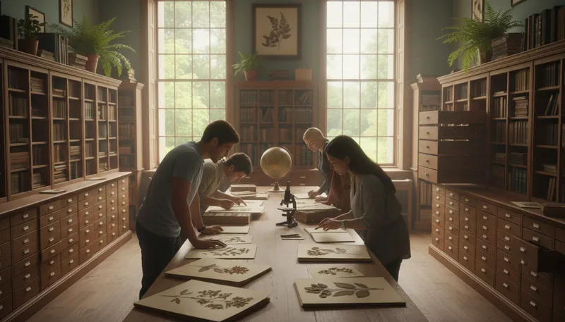 Illustration of herbarium: A collection of preserved plant specimens.