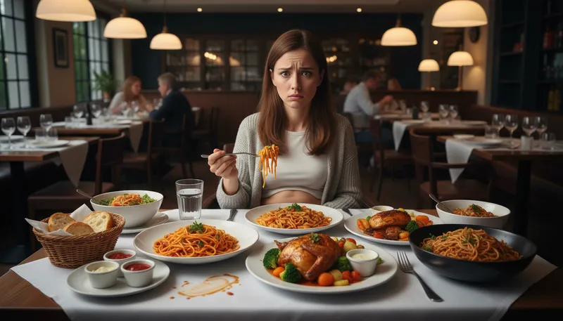 Illustration of have eyes bigger than one's stomach: want more food than can be eaten.