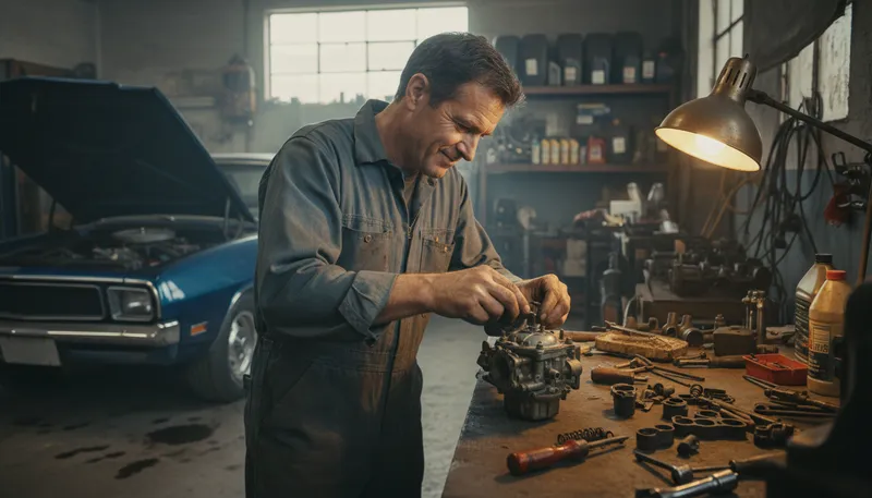 Illustration of carburetor: a device mixing air and fuel in engines.