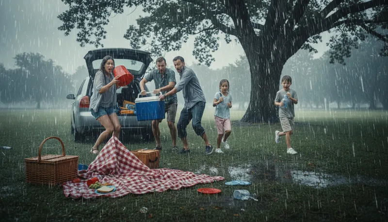 Illustration of rain buckets: Rain heavily; pour down rain.