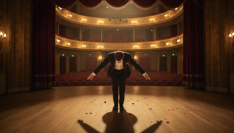 Illustration of take a bow: to bend forward in appreciation.