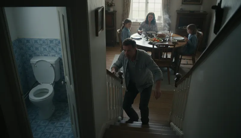 Illustration of go down the khazi: To use the bathroom, often informally.
