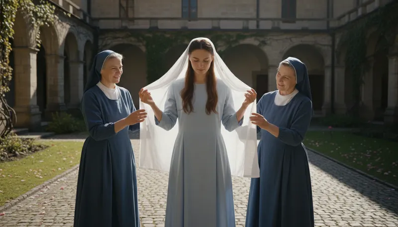 Illustration of take the veil: to become a nun or religious sister.