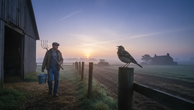 Illustration of rise with the lark: to wake up early in the morning.