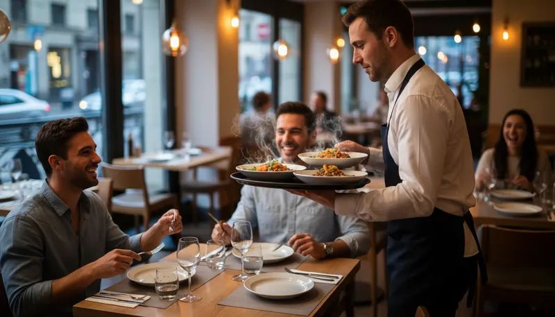 Illustration of waiter: A person who serves food in a restaurant.