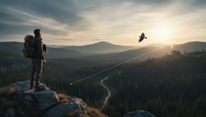 Illustration of as the crow flies: the shortest distance between two points.