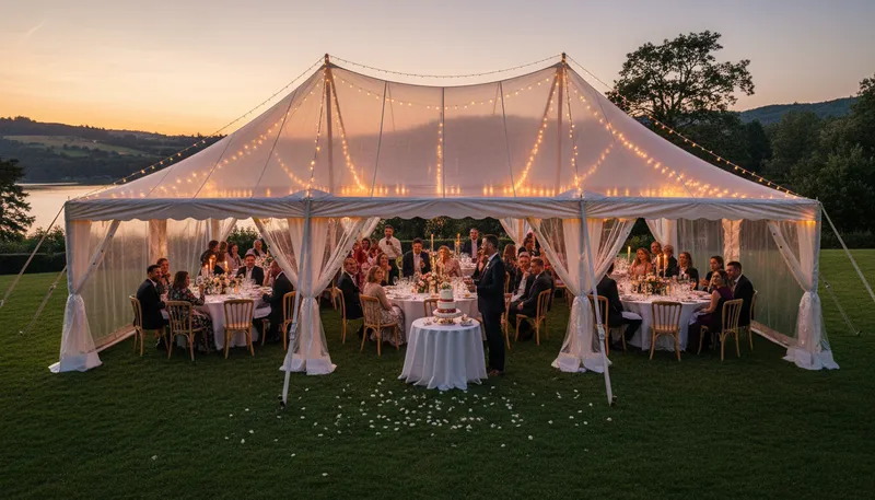 Illustration of marquee: A large tent for events.