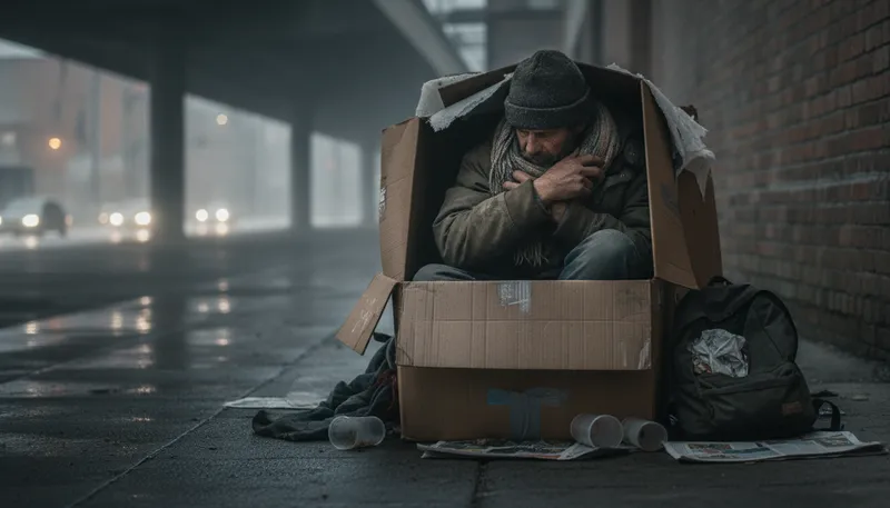 Illustration of rough sleeper: a person who sleeps outside without shelter.