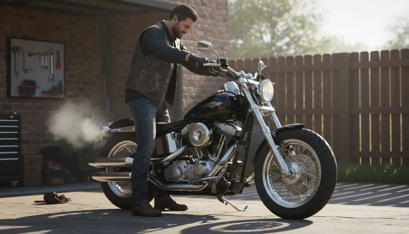 crank one's hog का चित्र: start or rev up a motorcycle.