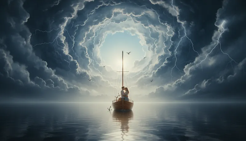Illustration of eye of the storm: Calm center of chaos.