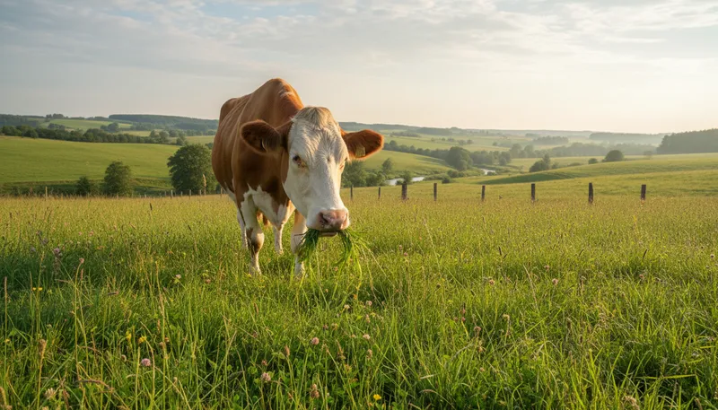 Illustration of cow: A large farm animal that gives milk.