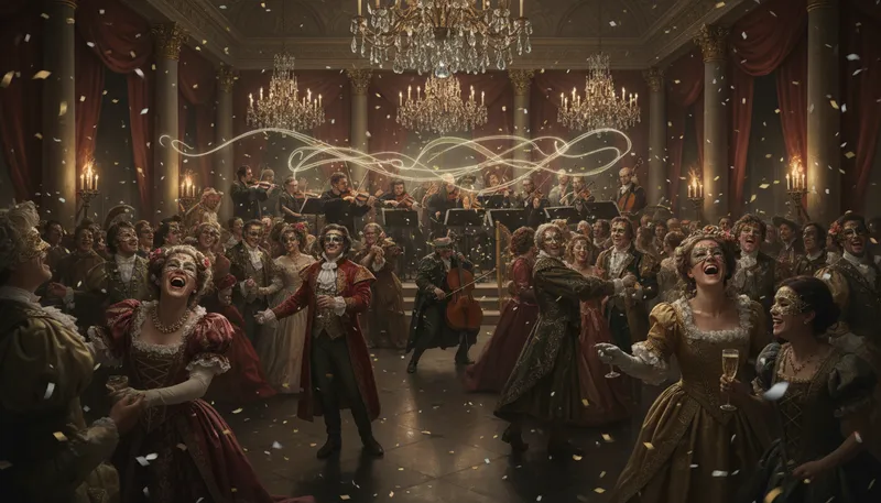 Illustration of masque: A costume party or theatrical performance.